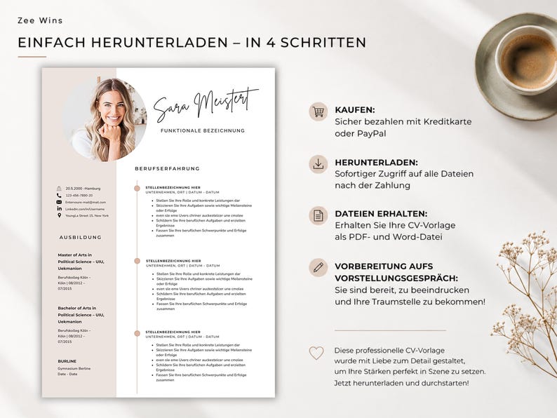 May include: A resume template featuring a woman's photo, the name "Sara Meistert", and the words "Functional Designation". The resume includes sections for work experience and education. Text on the right side says "Buy", "Download", "Get Files", and "Prepare for Interview".