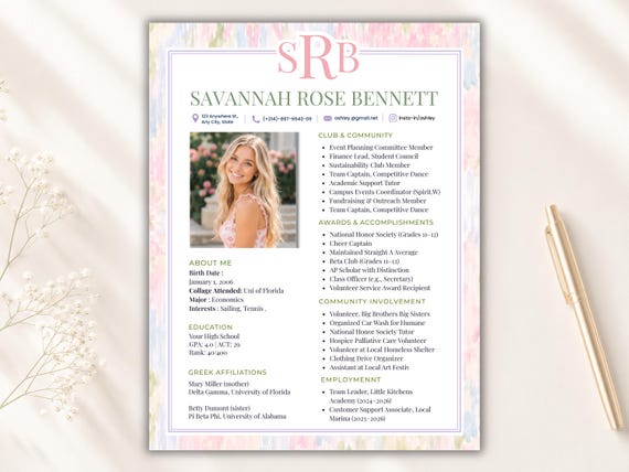 Sorority Rush Resume Template in Canva | Greek Life Resume Bundle | Editable Sorority Recruitment Resume | Rush Cover Letter