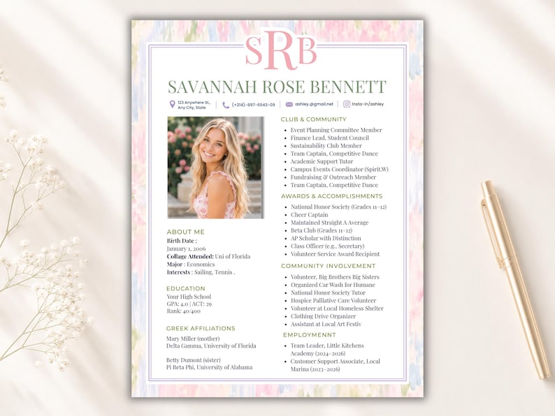 May include: A CV template featuring a soft pastel watercolour border, a placeholder for a portrait, and sections for personal information, education, club involvement, awards, and employment history, with the monogram SRB at the top.
