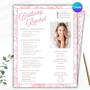 Pode incluir: Um modelo de currículo com um design floral rosa e o nome "Brittany Rachel" em fonte cursiva. O currículo inclui seções para honras, clubes, envolvimento comunitário e educação. Uma foto de uma pessoa sorrindo está incluída.