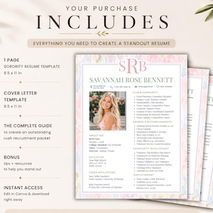 May include: A sorority CV template featuring a pastel watercolour border, a monogram header, and sections for contact information, education, and experience. The document includes a placeholder for a photo and text fields for personal details.