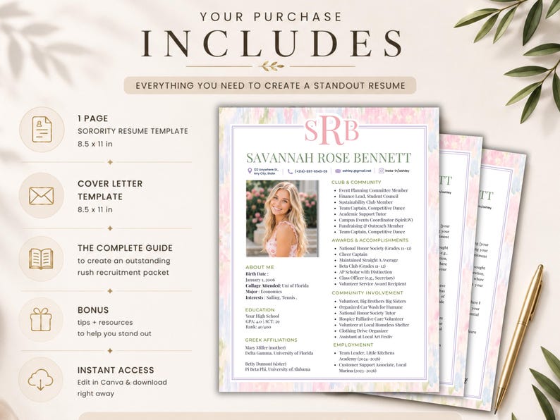 May include: A sorority CV template featuring a pastel watercolour border, a monogram header, and sections for contact information, education, and experience. The document includes a placeholder for a photo and text fields for personal details.
