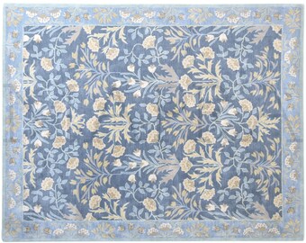 Botanical Floral Carpet: Handmade Blue Wool, Soft Cushioned Rug
