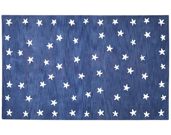 Handmade Wool Star Rug: Soft Navy Blue Kids Room Carpet