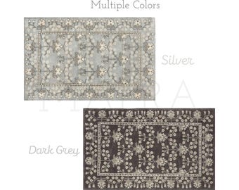 Silver Grey Floral Wool Rug - Hand Tufted with Classic Border