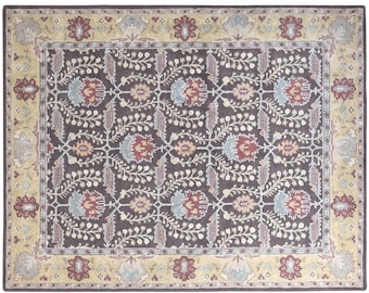 Hand Tufted Wool Rug: Classic Floral Design - Soft Brown, Beige & Sage