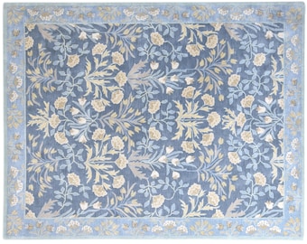 Botanical Floral Carpet: Handmade Blue Wool, Soft Cushioned Rug