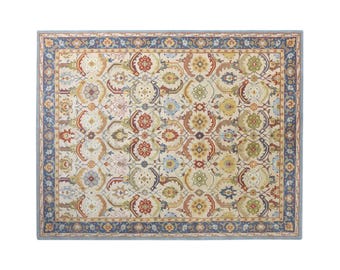Ivory Floral Wool Rug - Hand Tufted with Blue Border