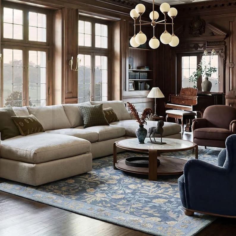 a spacious and elegantly furnished living room with large windows, wooden paneling, and a chandelier. The room is furnished with a large sectional sofa, a coffee table, and a piano, creating a cozy and inviting atmosphere.