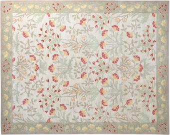 Cottagecore Wool Rug, Botanical Floral Pattern (Hand Tufted)
