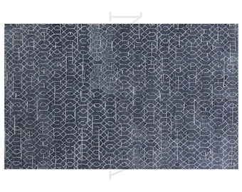 Blue Geometric Wool Rug - Hand Tufted with Soft Ivory Detail
