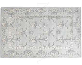 Traditional Wool Rug, Silver Floral Hand Tufted (Bordered Area Carpet)