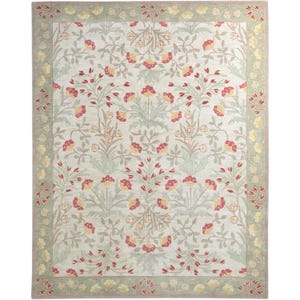 May include: A rectangular area rug featuring a cream-colored background with a repeating floral pattern in shades of red, yellow, and sage green. The design includes symmetrical botanical motifs and a decorative border with floral elements.