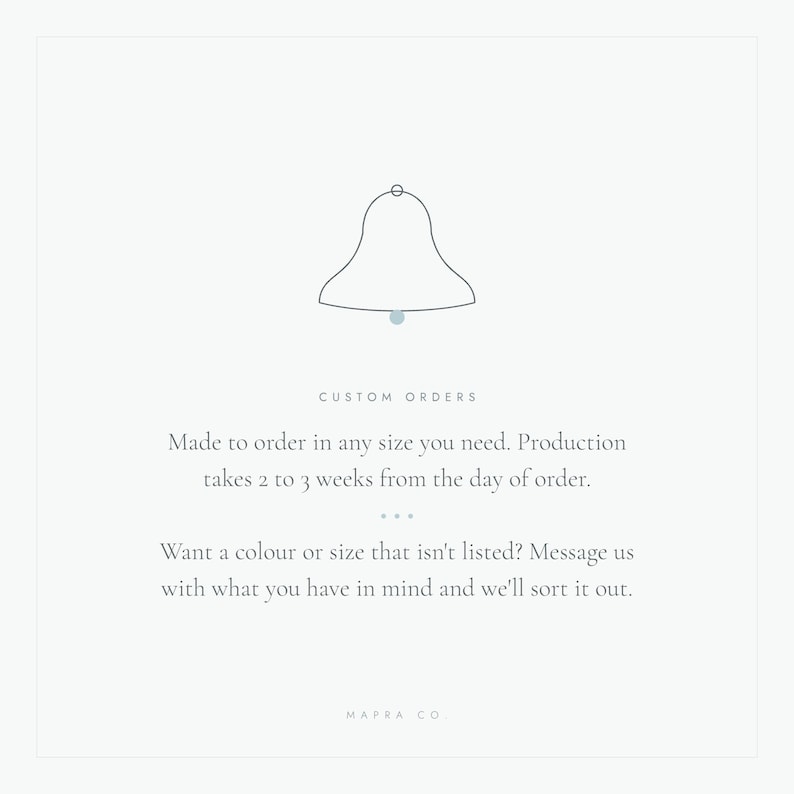 The image is a simple illustration of a bell with text providing information about custom orders.