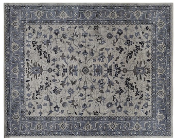 Classic Blue Wool Rug, Floral Vine Design (Hand Tufted, Medium Pile)