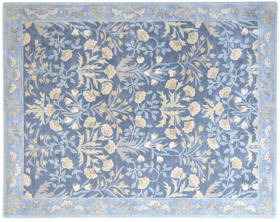 Botanical Floral Carpet: Handmade Blue Wool, Soft Cushioned Rug