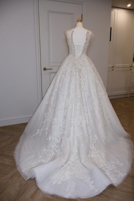 Luxury Beaded Wedding Dress - Illusion Neckline - Sparkling Tulle with Corset Back & Train