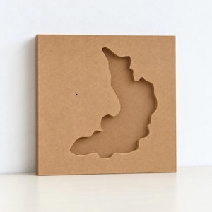 May include: A square light brown fiberboard panel featuring a large, irregular cutout shape in the center that resembles a landmass or lake. A single small, dark circular hole is visible on the left side of the flat, matte surface.