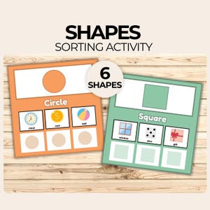 May include: Educational shapes sorting activity with the words "Shapes Sorting Activity" at the top. The activity includes orange and green cards with circle and square shapes. Each card has images of objects that match the shape, such as a clock, coin, and ball.