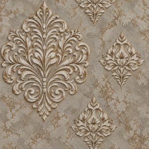 May include: Wallpaper featuring a raised, cream-colored damask pattern with brown accents set against a textured, mottled beige and tan background. The design includes large and small symmetrical floral motifs with intricate, swirling leaf details.