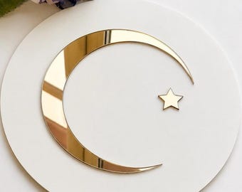Crescent Moon & Star Mirror Acrylic Clock Accent, Islamic Wall Decor, Ramadan Decor, Gold or Silver Home Decor