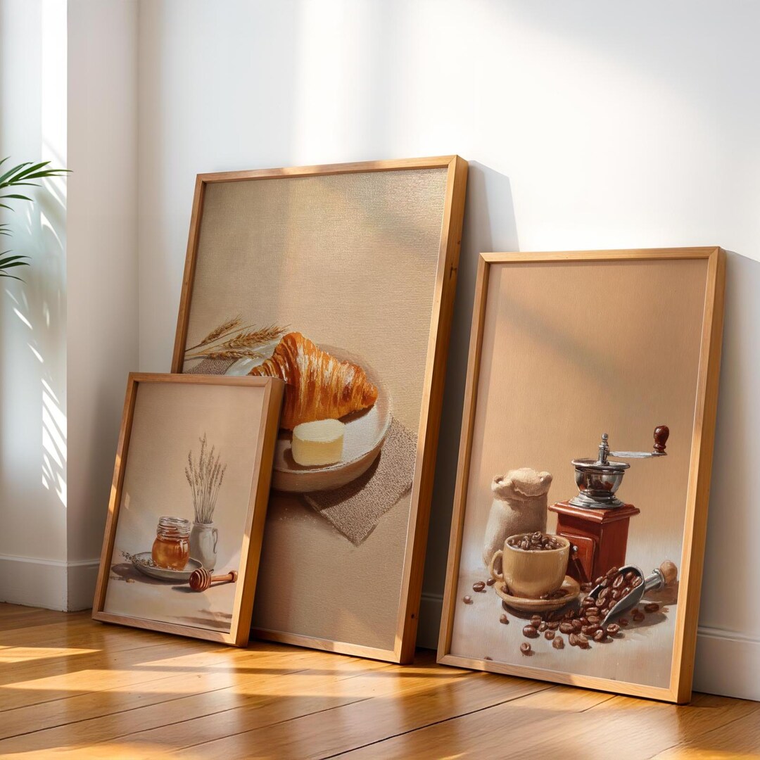 beige kitchen prints, dining room prints, set of 3,... Beige Kitchen Print Set – Croissant, Honey, Coffee (digital Download ...