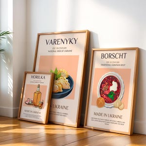 Lot de 3 affiches - Cuisine ukrainienne - Bortsch, Varenyky et Horilka - Art de la cuisine moderne