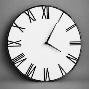 May include: A round wall clock featuring a white face with bold black Roman numerals and a thin black circular frame. The clock has two black hands pointing to approximately four twenty, with no visible numbers for the minutes or seconds markers.