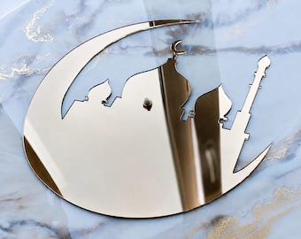 Mosque & Crescent Mirror Acrylic Clock Accent, Islamic Decor, Mosque Silhouette, Mirror Acrylic Embellishment, Gold or Silver
