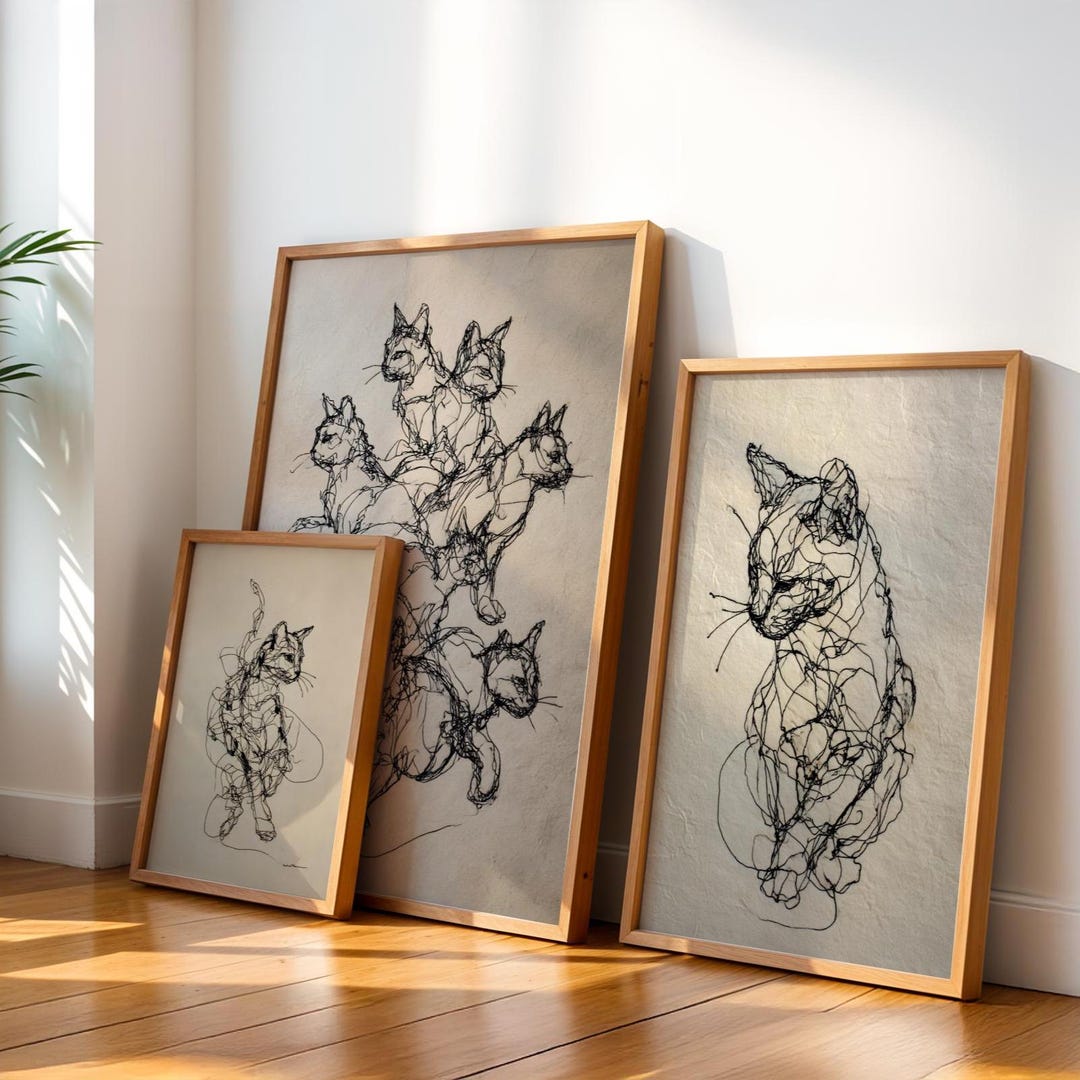Cat Wall Art Set of 3, Minimalist Cat Line Art Prints, Abstract Animal ...
