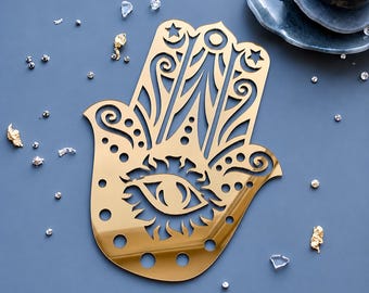 Hamsa Hand Mirror Acrylic Clock Accent, Evil Eye Mirror Decor, Gold or Silver, Decorative Centerpiece for Clocks & Art