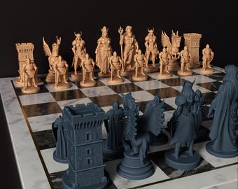 May include: A chess set with intricately designed pieces. The pieces are in two colors, tan and dark gray, and are arranged on a checkered board. The chess pieces depict various figures, including winged creatures, royalty, and warriors.