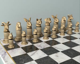 3D Printable Pet Animal Chess Set: Dog, Cat, Bunny (STL Files
