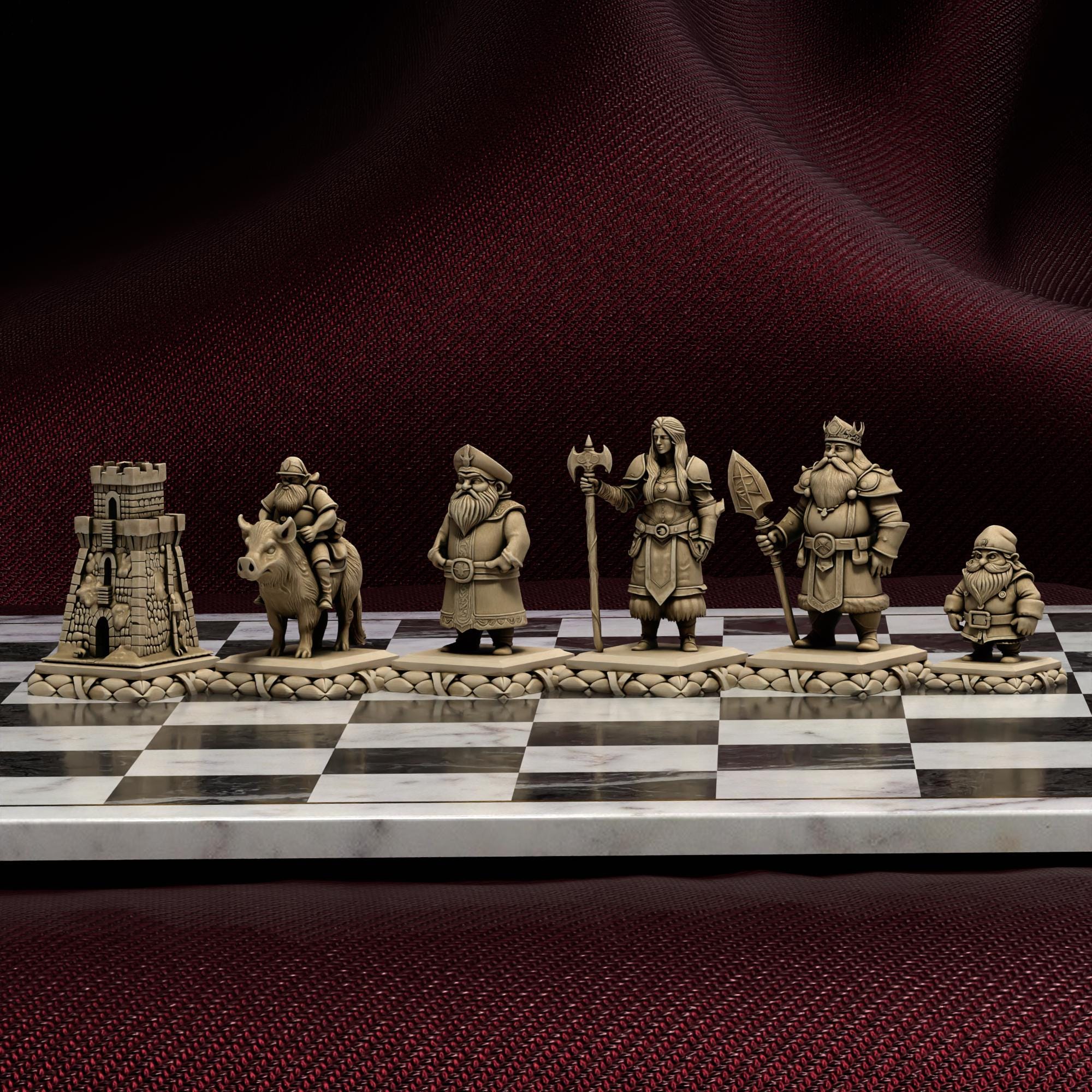Death Rider Chess Set Dwarf Chess Pieces Set of 6 – Fantasy Dwarven Warriors Boar Rider – 3D ...