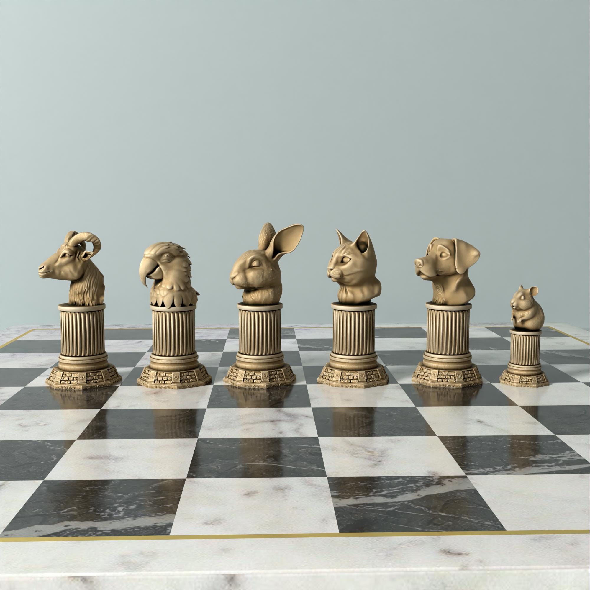 3D Printable Pet Animal Chess Set: Dog, Cat, Bunny (STL Files