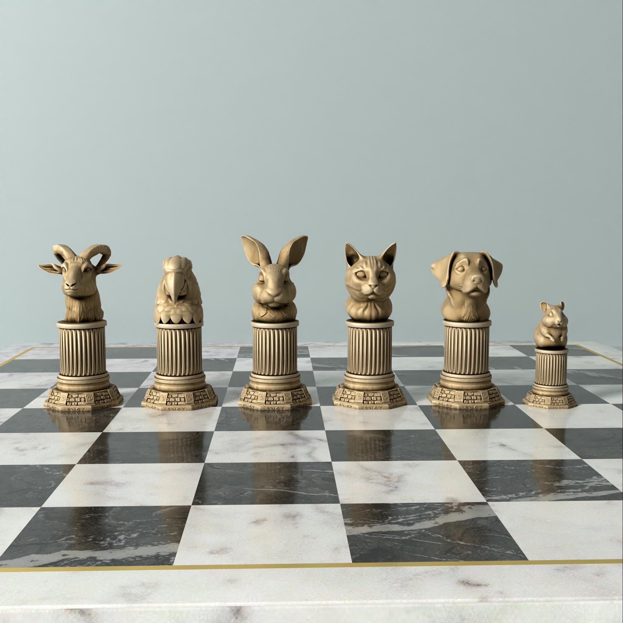 3D Printable Pet Animal Chess Set: Dog, Cat, Bunny (STL Files