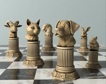 ボードゲーム チェス「MINIATURE ANIMAL CHESS SET」 Hand Crafted Animal Kingdom Chessmen & Exotic Inlaid Elm Chess