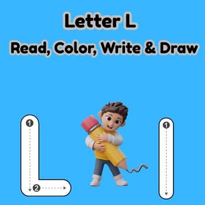 Puede incluir: Fondo azul con el texto "Letra L Leer, Colorear, Escribir y Dibujar". Una figura de dibujos animados sostiene un gran lápiz amarillo. Los contornos de la letra "L" y una línea vertical están a la izquierda y a la derecha.