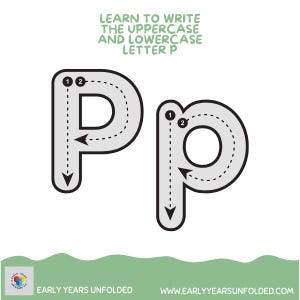 May include: A white educational worksheet with the uppercase and lowercase letter "P". The letters are outlined in black with dotted lines inside for tracing. The worksheet includes the text "LEARN TO WRITE THE UPPERCASE AND LOWERCASE LETTER P".