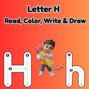 Puede incluir: Imagen educativa con la letra "H" e instrucciones para leer, colorear, escribir y dibujar. Un personaje de dibujos animados sostiene un gran lápiz amarillo. La letra "H" se muestra en mayúsculas y minúsculas, con guías numeradas.