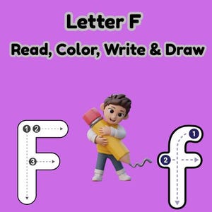 Puede incluir: Un fondo morado con el texto "Letra F Leer, Colorear, Escribir y Dibujar". La imagen presenta un niño de dibujos animados sosteniendo un gran lápiz amarillo. También se muestran contornos de las letras "F" y "f".