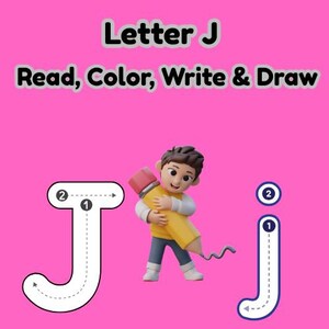 Puede incluir: Un fondo rosa con el texto "Letra J" y "Leer, colorear, escribir y dibujar". La imagen muestra una figura de dibujos animados sosteniendo un gran lápiz amarillo. También se muestran contornos de la letra "J", con números y flechas.