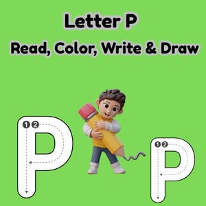 Puede incluir: Fondo verde con el texto "Letter P Read, Color, Write & Draw". La imagen presenta un niño de dibujos animados sosteniendo un gran lápiz amarillo. Se muestran dos contornos blancos de la letra "P", con líneas punteadas para trazar.