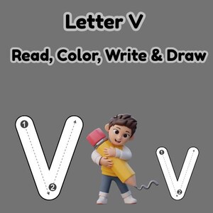 Puede incluir: Gráfico educativo con el texto "Letra V" y "Leer, colorear, escribir y dibujar". Presenta un niño de dibujos animados sosteniendo un gran lápiz amarillo y dos contornos blancos de la letra V con líneas de puntos para trazar.