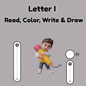 Puede incluir: Ilustración educativa de la letra "I" con instrucciones para leer, colorear, escribir y dibujar. Un niño de dibujos animados abraza un gran lápiz amarillo con una goma de borrar roja. La imagen incluye una línea de puntos para trazar la letra.
