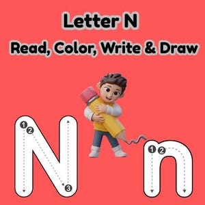 Puede incluir: Gráfico educativo con la letra "N" para aprender. Un niño de dibujos animados sostiene un gran lápiz amarillo. El texto "Letter N Read, Color, Write & Draw" se muestra sobre un fondo rojo. Incluye ejemplos en mayúsculas y minúsculas.