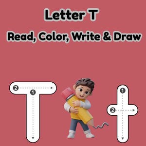 Puede incluir: Imagen educativa con la letra "T" e instrucciones para leer, colorear, escribir y dibujar. Incluye una ilustración de dibujos animados de un niño sosteniendo un gran lápiz amarillo y ejemplos de la letra "T" mayúscula y minúscula. El fondo es rojo.