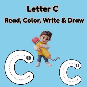 Puede incluir: Ilustración educativa sobre un fondo azul claro. La imagen presenta el texto "Letter C Read, Color, Write & Draw". Un niño de dibujos animados abraza un gran lápiz amarillo. Se muestran dos contornos blancos de la letra "C", con líneas punteadas para trazar.