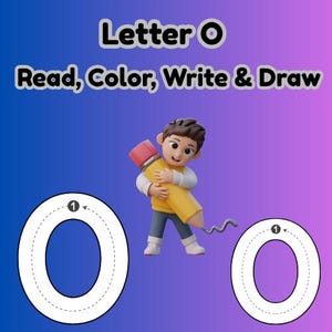 Puede incluir: Gráfico educativo con el texto "Letra O Leer, Colorear, Escribir y Dibujar". Presenta un niño de dibujos animados abrazando un gran lápiz amarillo y dos contornos de la letra "O" con líneas de puntos para trazar.