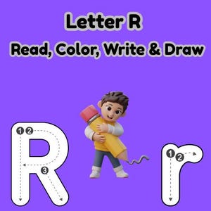 Puede incluir: Un fondo morado con el texto "Letter R Read, Color, Write & Draw". Un niño de dibujos animados abraza un gran lápiz amarillo. Se muestran contornos de las letras "R" y "r" con guías direccionales numeradas.
